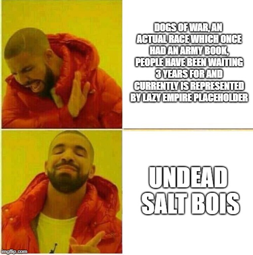 Drake Hotline approves | DOGS OF WAR, AN ACTUAL RACE WHICH ONCE HAD AN ARMY BOOK, PEOPLE HAVE BEEN WAITING 3 YEARS FOR AND CURRENTLY IS REPRESENTED BY LAZY EMPIRE PLACEHOLDER; UNDEAD SALT BOIS | image tagged in drake hotline approves | made w/ Imgflip meme maker
