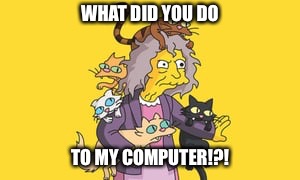 Crazy Cat Woman Customer | WHAT DID YOU DO; TO MY COMPUTER!?! | image tagged in crazy,computer,cat,lady,customer | made w/ Imgflip meme maker