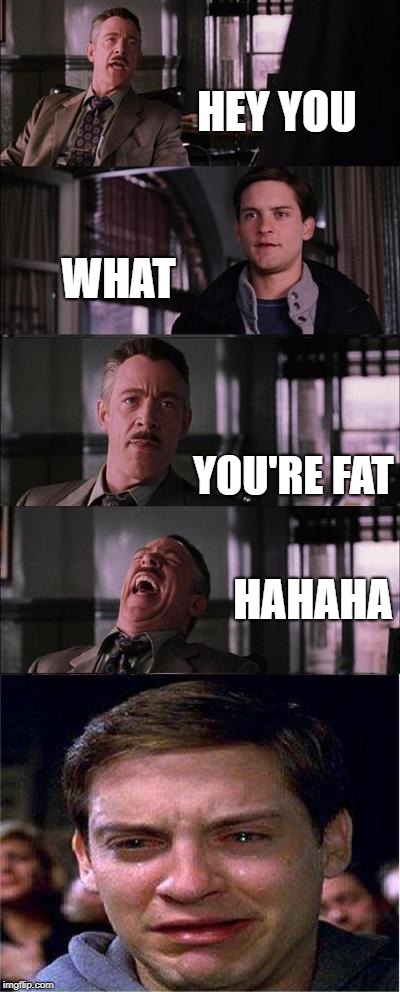 Peter Parker Cry | HEY YOU; WHAT; YOU'RE FAT; HAHAHA | image tagged in memes,peter parker cry | made w/ Imgflip meme maker