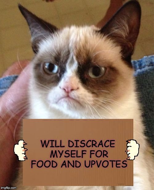 Grumpy Cat Cardboard Sign | WILL DISCRACE MYSELF FOR FOOD AND UPVOTES | image tagged in grumpy cat cardboard sign | made w/ Imgflip meme maker