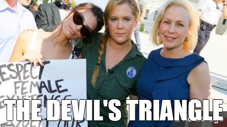 Ratajkowski, Schumer & Gillibrand | THE DEVIL'S TRIANGLE | image tagged in political meme,brett kavanaugh,christine blasey ford,devil's triangle | made w/ Imgflip meme maker