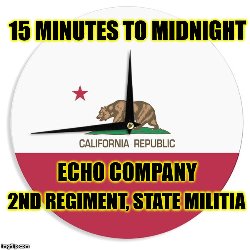 Fifteen minutes | 15 MINUTES TO MIDNIGHT; ECHO COMPANY; 2ND REGIMENT, STATE MILITIA | image tagged in militia | made w/ Imgflip meme maker