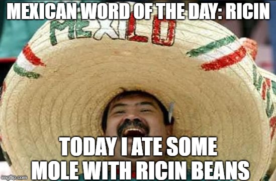 mexican word of the day | MEXICAN WORD OF THE DAY: RICIN; TODAY I ATE SOME MOLE WITH RICIN BEANS | image tagged in mexican word of the day | made w/ Imgflip meme maker