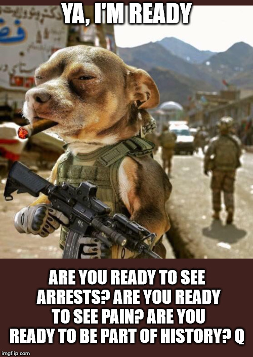 YA, I'M READY; ARE YOU READY TO SEE ARRESTS?
ARE YOU READY TO SEE PAIN?
ARE YOU READY TO BE PART OF HISTORY?
Q | made w/ Imgflip meme maker