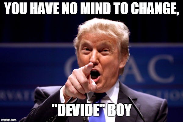 Your President BWHA-HA-HA! | YOU HAVE NO MIND TO CHANGE, "DEVIDE" BOY | image tagged in your president bwha-ha-ha | made w/ Imgflip meme maker