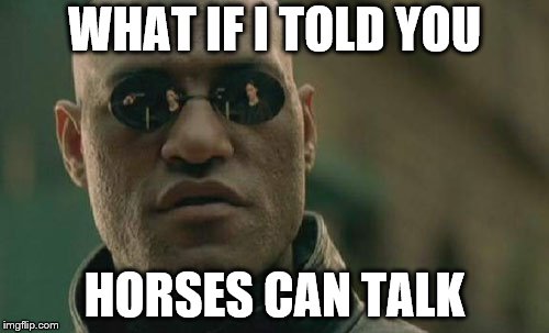 Matrix Morpheus Meme | WHAT IF I TOLD YOU; HORSES CAN TALK | image tagged in memes,matrix morpheus | made w/ Imgflip meme maker