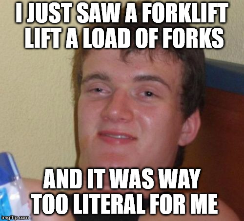 10 Guy | I JUST SAW A FORKLIFT LIFT A LOAD OF FORKS; AND IT WAS WAY TOO LITERAL FOR ME | image tagged in memes,10 guy | made w/ Imgflip meme maker