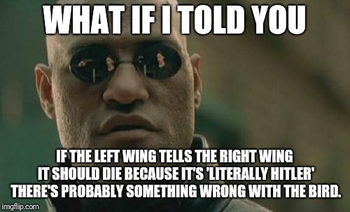 Matrix Morpheus | WHAT IF I TOLD YOU; IF THE LEFT WING TELLS THE RIGHT WING IT SHOULD DIE BECAUSE IT'S 'LITERALLY HITLER' THERE'S PROBABLY SOMETHING WRONG WITH THE BIRD. | image tagged in memes,matrix morpheus | made w/ Imgflip meme maker