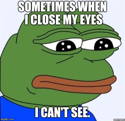 sad frog | SOMETIMES WHEN I CLOSE MY EYES; I CAN'T SEE. | image tagged in sad frog | made w/ Imgflip meme maker