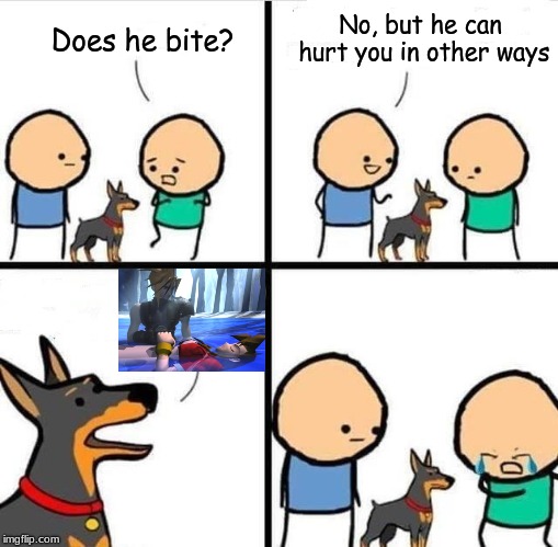 Cyanide Happiness Dog does it bite? | No, but he can hurt you in other ways; Does he bite? | image tagged in cyanide happiness dog does it bite | made w/ Imgflip meme maker