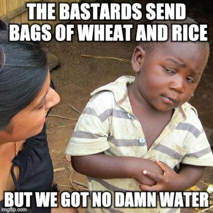Where's the water brainiac? | THE BASTARDS SEND BAGS OF WHEAT AND RICE BUT WE GOT NO DAMN WATER | image tagged in memes,third world skeptical kid,nasty food | made w/ Imgflip meme maker