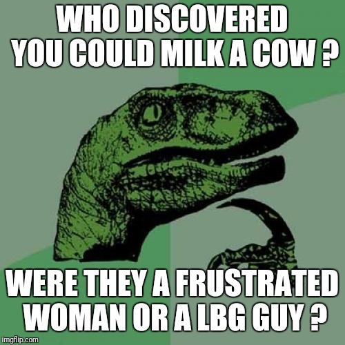 Philosoraptor Meme | WHO DISCOVERED YOU COULD MILK A COW ? WERE THEY A FRUSTRATED WOMAN OR A LBG GUY ? | image tagged in memes,philosoraptor | made w/ Imgflip meme maker