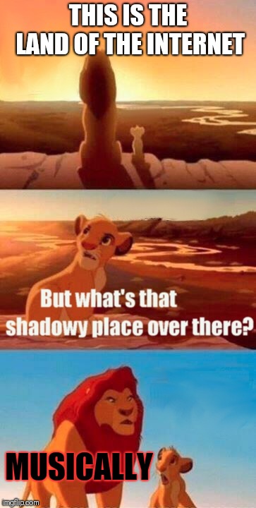 Simba Shadowy Place | THIS IS THE LAND OF THE INTERNET; MUSICALLY | image tagged in memes,simba shadowy place | made w/ Imgflip meme maker