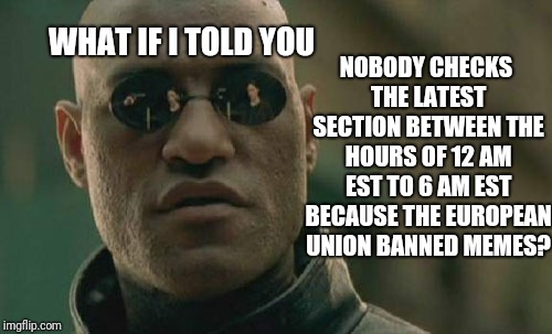 Matrix Morpheus Meme | NOBODY CHECKS THE LATEST SECTION BETWEEN THE HOURS OF 12 AM EST TO 6 AM EST BECAUSE THE EUROPEAN UNION BANNED MEMES? WHAT IF I TOLD YOU | image tagged in memes,matrix morpheus | made w/ Imgflip meme maker