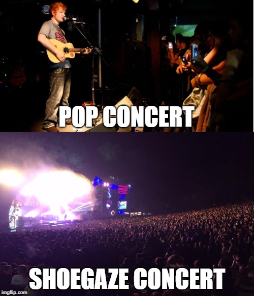 Shoegaze concert | POP CONCERT; SHOEGAZE CONCERT | image tagged in ed sheeran,slowdive,shoegaze meme,shoegaze memes,concert,fans | made w/ Imgflip meme maker