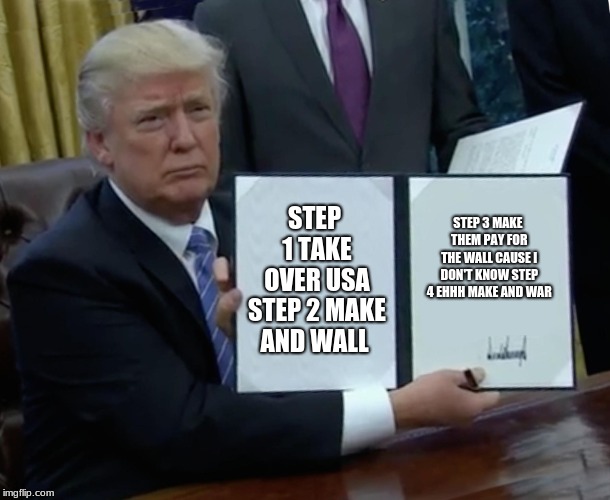 Trump Bill Signing Meme | STEP 1 TAKE OVER USA STEP 2 MAKE AND WALL; STEP 3 MAKE THEM PAY FOR THE WALL CAUSE I DON'T KNOW STEP 4 EHHH MAKE AND WAR | image tagged in memes,trump bill signing | made w/ Imgflip meme maker
