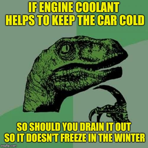 My engine is overheating | IF ENGINE COOLANT HELPS TO KEEP THE CAR COLD; SO SHOULD YOU DRAIN IT OUT SO IT DOESN'T FREEZE IN THE WINTER | image tagged in memes,philosoraptor | made w/ Imgflip meme maker