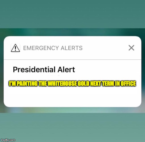 Presidential Alert |  I'M PAINTING THE WHITEHOUSE GOLD NEXT TERM IN OFFICE | image tagged in presidential alert | made w/ Imgflip meme maker
