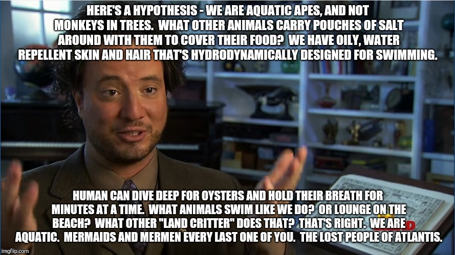 Giorgio Tsoukalos - Atlantis lifted up | HERE'S A HYPOTHESIS - WE ARE AQUATIC APES, AND NOT MONKEYS IN TREES.  WHAT OTHER ANIMALS CARRY POUCHES OF SALT AROUND WITH THEM TO COVER THEIR FOOD?  WE HAVE OILY, WATER REPELLENT SKIN AND HAIR THAT'S HYDRODYNAMICALLY DESIGNED FOR SWIMMING. HUMAN CAN DIVE DEEP FOR OYSTERS AND HOLD THEIR BREATH FOR MINUTES AT A TIME.  WHAT ANIMALS SWIM LIKE WE DO?  OR LOUNGE ON THE BEACH?  WHAT OTHER "LAND CRITTER" DOES THAT?  THAT'S RIGHT.  WE ARE AQUATIC.  MERMAIDS AND MERMEN EVERY LAST ONE OF YOU.  THE LOST PEOPLE OF ATLANTIS. | image tagged in giorgio tsoukalos - atlantis lifted up | made w/ Imgflip meme maker