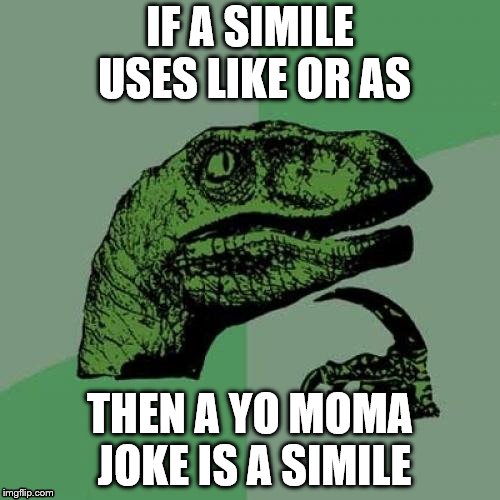 Philosoraptor | IF A SIMILE USES LIKE OR AS; THEN A YO MOMA JOKE IS A SIMILE | image tagged in memes,philosoraptor | made w/ Imgflip meme maker