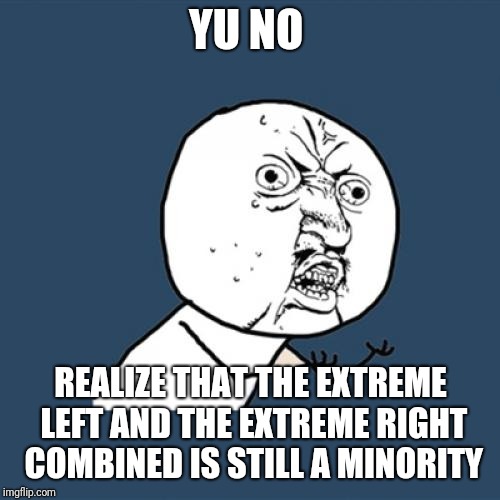 Y U No Meme | YU NO REALIZE THAT THE EXTREME LEFT AND THE EXTREME RIGHT COMBINED IS STILL A MINORITY | image tagged in memes,y u no | made w/ Imgflip meme maker