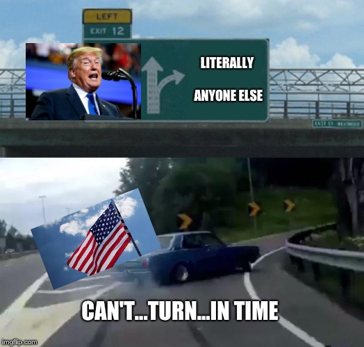 can't turn in time | LITERALLY ANYONE ELSE; CAN'T...TURN...IN TIME | image tagged in memes,left exit 12 off ramp,can't turn in time,trump,election,funny | made w/ Imgflip meme maker