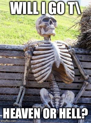 Waiting Skeleton Meme | WILL I GO T\; HEAVEN OR HELL? | image tagged in memes,waiting skeleton | made w/ Imgflip meme maker