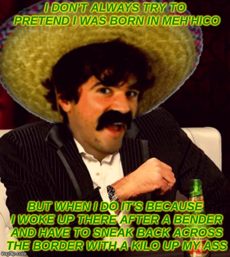 I DON'T ALWAYS TRY TO PRETEND I WAS BORN IN MEH'HICO BUT WHEN I DO IT'S BECAUSE I WOKE UP THERE AFTER A BENDER AND HAVE TO SNEAK BACK ACROSS | made w/ Imgflip meme maker