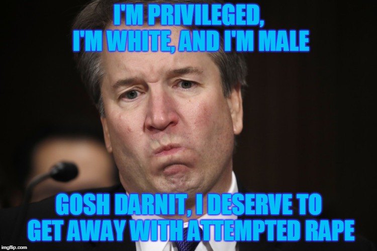 Kavanaugh Deserves It! | I'M PRIVILEGED, I'M WHITE, AND I'M MALE; GOSH DARNIT, I DESERVE TO GET AWAY WITH ATTEMPTED RAPE | image tagged in brett kavanaugh | made w/ Imgflip meme maker
