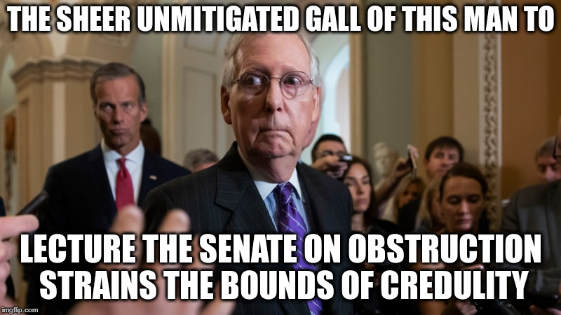 Senator McConnell Obstructed a vote on Merrick Garland for 293 days | THE SHEER UNMITIGATED GALL OF THIS MAN TO; LECTURE THE SENATE ON OBSTRUCTION STRAINS THE BOUNDS OF CREDULITY | image tagged in mcconnell,kavanaugh,senate,supreme court nomination,merrick garland | made w/ Imgflip meme maker