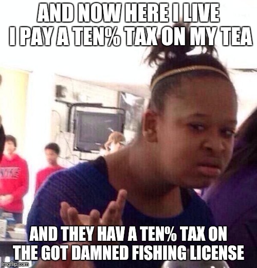 Black Girl Wat Meme | AND NOW HERE I LIVE I PAY A TEN% TAX ON MY TEA AND THEY HAV A TEN% TAX ON THE GOT DAMNED FISHING LICENSE | image tagged in memes,black girl wat | made w/ Imgflip meme maker