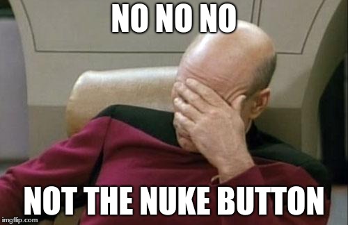 Captain Picard Facepalm | NO NO NO; NOT THE NUKE BUTTON | image tagged in memes,captain picard facepalm | made w/ Imgflip meme maker