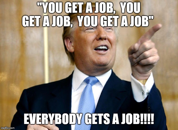 donald trump | "YOU GET A JOB,  YOU GET A JOB,  YOU GET A JOB"; EVERYBODY GETS A JOB!!!! | image tagged in donald trump | made w/ Imgflip meme maker