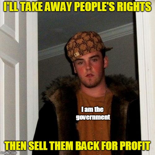 Scumbag Steve Meme | I'LL TAKE AWAY PEOPLE'S RIGHTS THEN SELL THEM BACK FOR PROFIT I am the government | image tagged in memes,scumbag steve | made w/ Imgflip meme maker