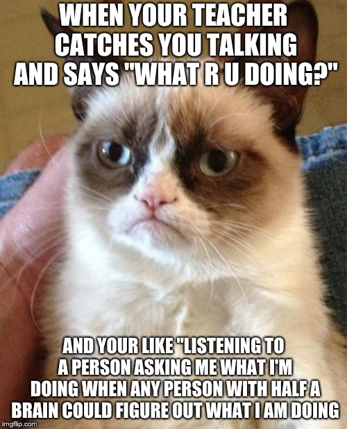what students want to say | WHEN YOUR TEACHER CATCHES YOU TALKING AND SAYS "WHAT R U DOING?"; AND YOUR LIKE "LISTENING TO A PERSON ASKING ME WHAT I'M DOING WHEN ANY PERSON WITH HALF A BRAIN COULD FIGURE OUT WHAT I AM DOING | image tagged in memes,grumpy cat,teachers,what students want to say,caught talking,funny | made w/ Imgflip meme maker