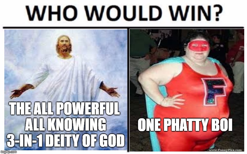 Who Would Win? Meme | THE ALL POWERFUL ALL KNOWING 3-IN-1 DEITY OF GOD ONE PHATTY BOI | image tagged in memes,who would win | made w/ Imgflip meme maker