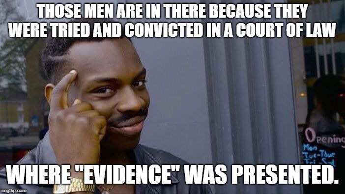 Roll Safe Think About It Meme | THOSE MEN ARE IN THERE BECAUSE THEY WERE TRIED AND CONVICTED IN A COURT OF LAW WHERE "EVIDENCE" WAS PRESENTED. | image tagged in memes,roll safe think about it | made w/ Imgflip meme maker