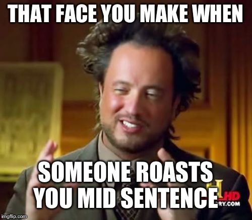 Ancient Aliens Meme | THAT FACE YOU MAKE WHEN; SOMEONE ROASTS YOU MID SENTENCE | image tagged in memes,ancient aliens | made w/ Imgflip meme maker