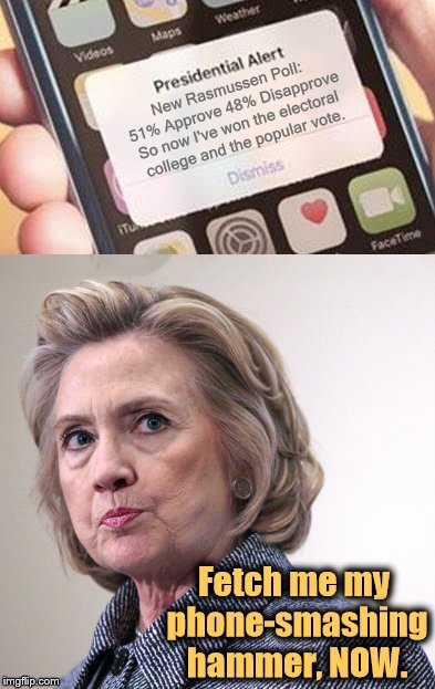 Triggering Texts |  New Rasmussen Poll: 51% Approve 48% Disapprove; So now I've won the electoral college and the popular vote. Fetch me my phone-smashing hammer, NOW. | image tagged in presidential alert,hillary clinton,donald trump,phunny,memes,political memes | made w/ Imgflip meme maker