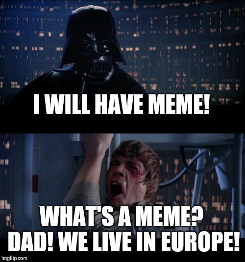 Star Wars No Meme | I WILL HAVE MEME! WHAT'S A MEME? DAD! WE LIVE IN EUROPE! | image tagged in memes,star wars no | made w/ Imgflip meme maker