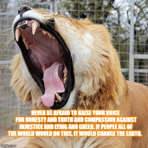 Best quote I know by William Faulkner | NEVER BE AFRAID TO RAISE YOUR VOICE FOR HONESTY AND TRUTH AND COMPASSION AGAINST INJUSTICE AND LYING AND GREED. IF PEOPLE ALL OF THE WORLD WOULD DO THIS, IT WOULD CHANGE THE EARTH. | image tagged in memes | made w/ Imgflip meme maker