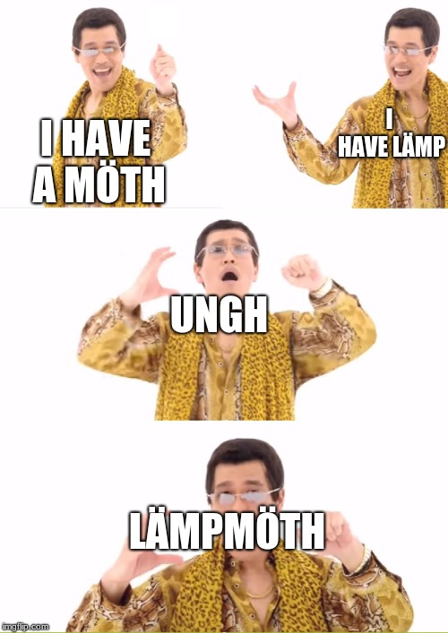 I HAVE A MÖTH I HAVE LÄMP UNGH LÄMPMÖTH | image tagged in memes,ppap | made w/ Imgflip meme maker