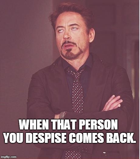 Face You Make Robert Downey Jr Meme | WHEN THAT PERSON YOU DESPISE COMES BACK. | image tagged in memes,face you make robert downey jr | made w/ Imgflip meme maker