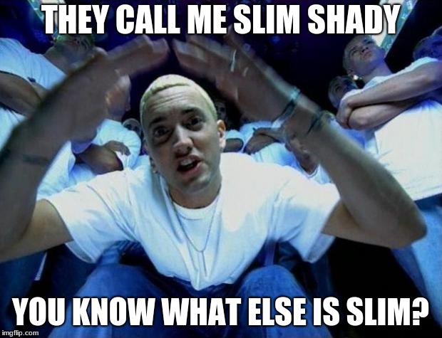 Real Slim Shady | THEY CALL ME SLIM SHADY; YOU KNOW WHAT ELSE IS SLIM? | image tagged in real slim shady | made w/ Imgflip meme maker