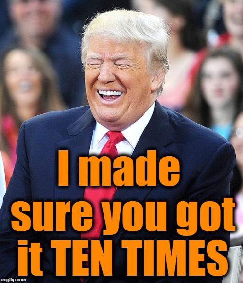 Trump laughing at liberals | I made sure you got it TEN TIMES | image tagged in trump laughing at liberals | made w/ Imgflip meme maker