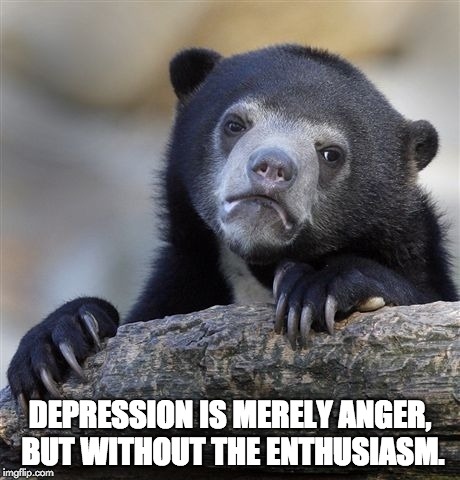 Confession Bear Meme | DEPRESSION IS MERELY ANGER, BUT WITHOUT THE ENTHUSIASM. | image tagged in memes,confession bear | made w/ Imgflip meme maker