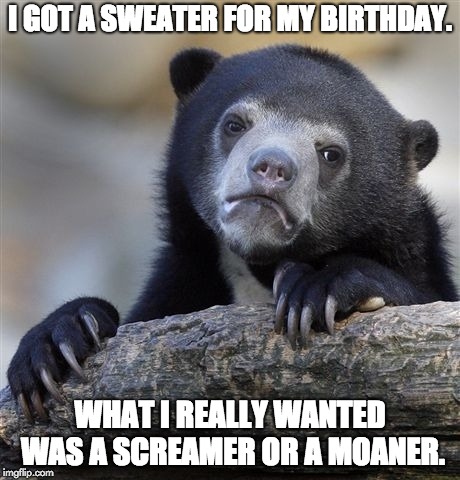 Confession Bear | I GOT A SWEATER FOR MY BIRTHDAY. WHAT I REALLY WANTED WAS A SCREAMER OR A MOANER. | image tagged in memes,confession bear | made w/ Imgflip meme maker