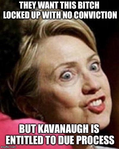 Hillary Clinton Fish | THEY WANT THIS B**CH LOCKED UP WITH NO CONVICTION BUT KAVANAUGH IS ENTITLED TO DUE PROCESS | image tagged in hillary clinton fish | made w/ Imgflip meme maker