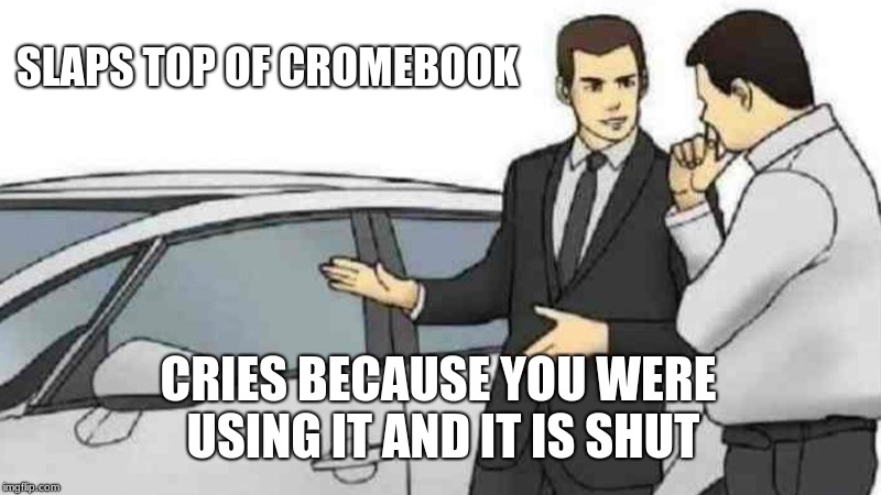 Car Salesman Slaps Roof Of Car | SLAPS TOP OF CROMEBOOK; CRIES BECAUSE YOU WERE USING IT AND IT IS SHUT | image tagged in memes,car salesman slaps roof of car | made w/ Imgflip meme maker
