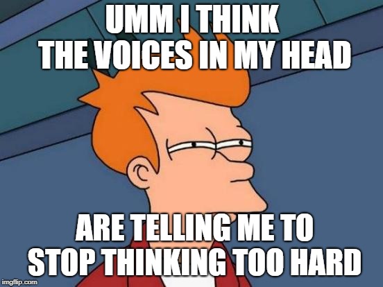 Futurama Fry | UMM I THINK THE VOICES IN MY HEAD; ARE TELLING ME TO STOP THINKING TOO HARD | image tagged in memes,futurama fry | made w/ Imgflip meme maker